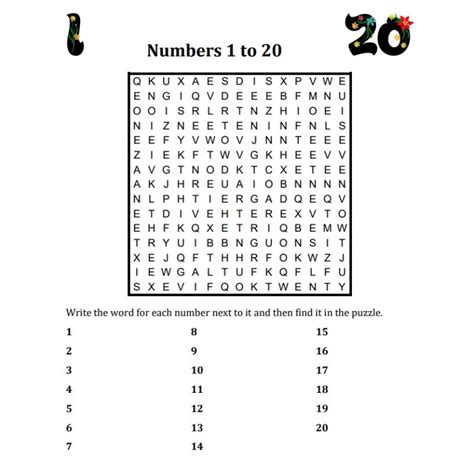 Numbers In English 1 20 Wordsearch