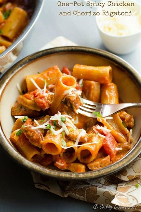 I mean what's not to like about a big bowl of pasta accompanied with chunks of meaty chicken and delicious chorizo? One-Pot Spicy Chicken and Chorizo Rigatoni - Cooking Curries