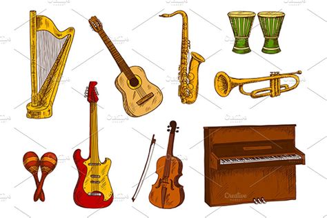 Musical Instruments Sketches Set Custom Designed Graphics ~ Creative