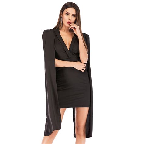 Vintage Cloak Sleeve Office Lady Dress 2019 Black Women Mini Party Dresses Sexy Deep V Neck