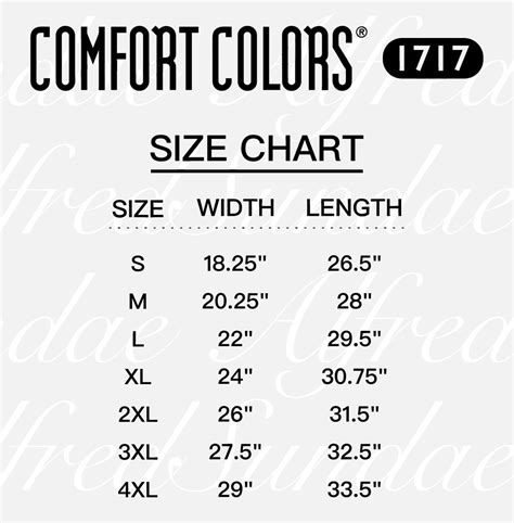Comfort Colors 1717 Size Chart Size Chart For Comfort Colors