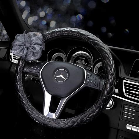 Black Leather Steering Wheel Cover With Lace Flower Carsoda