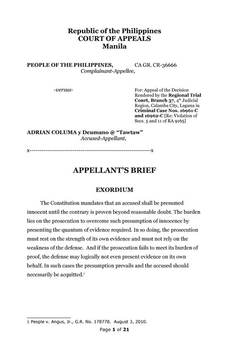 Appellants Brief Sample Republic Of The Philippines Court Of Appeals