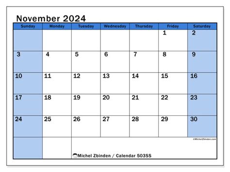 November 2024 Printable Calendar “504ss” Michel Zbinden Gy