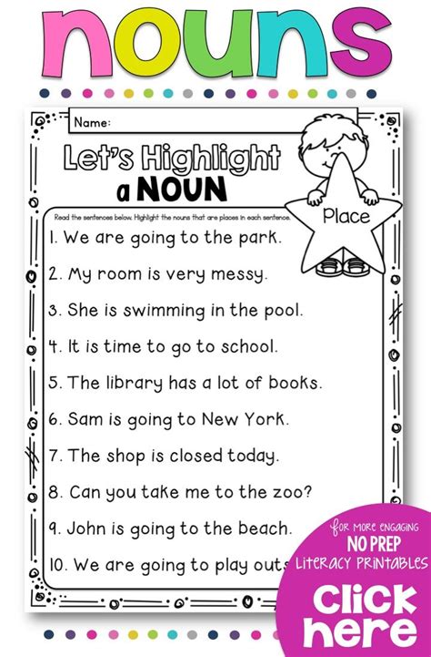 Nouns No Prep Printables Nouns First Grade Nouns And Verbs