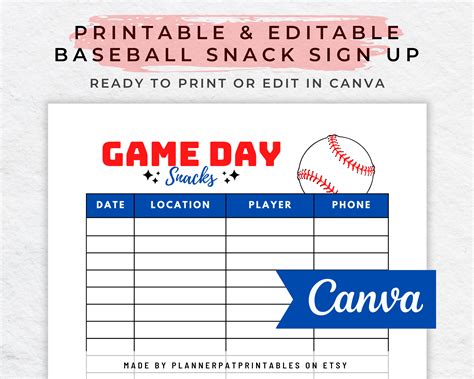 Baseball Snack Schedule Sign Up Sheet Editable Canva Template Etsy