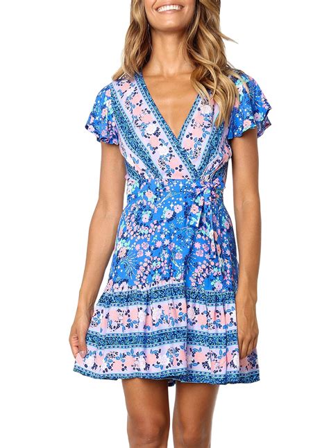 Zesica Womens Summer Wrap V Neck Bohemian Floral Print Ruffle Swing A Line Beach Mini Dress