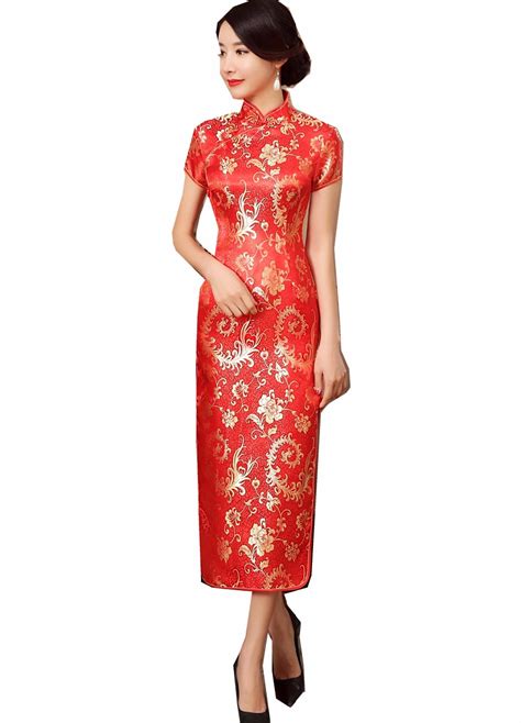 Shanghai Cerita Satin Gaya Cina Pakaian Tradisional Cina Gaun Qipao Panjang Cheongsam Lengan