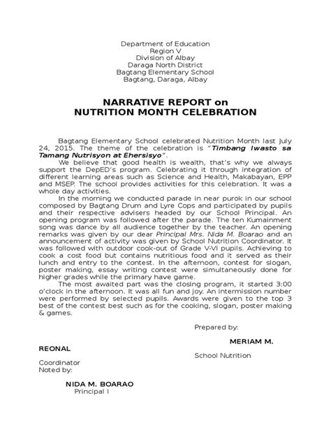 Sample Narrative Report On Nutrition Month 2015 Pdf