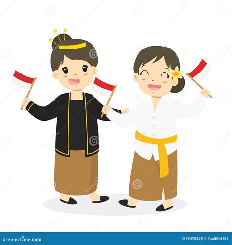 Javanese And Bali Kids Holding Indonesian Flag Cartoon Vector Stock