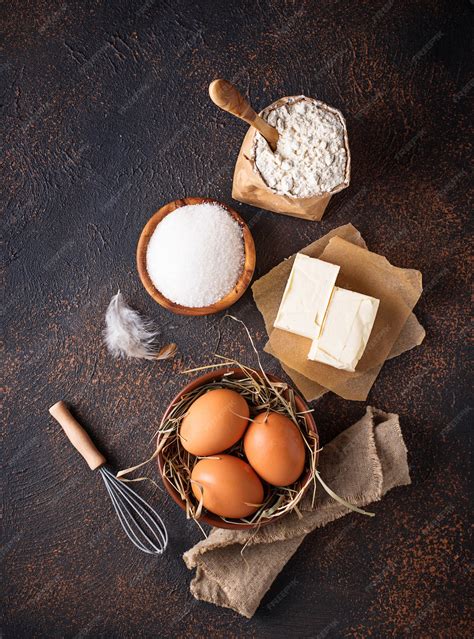 Premium Photo Ingredients For Baking Butter Eggs Sugar And Flour