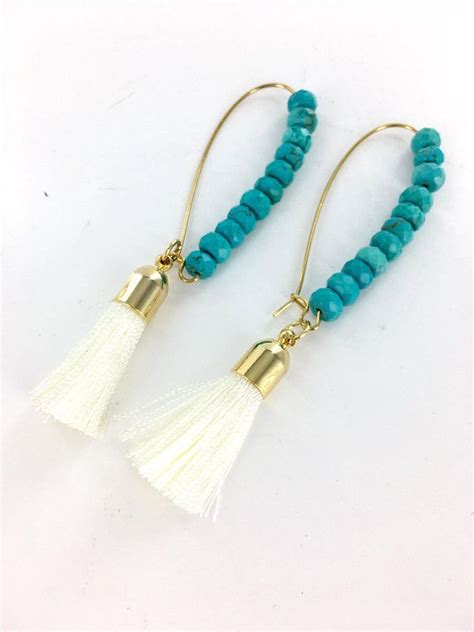 Pair Of Turquoise And White Beaded Earrings With Tassels On Gold Plated
