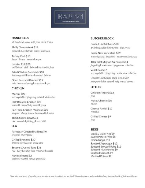 Menu at Bar 141, Thornwood