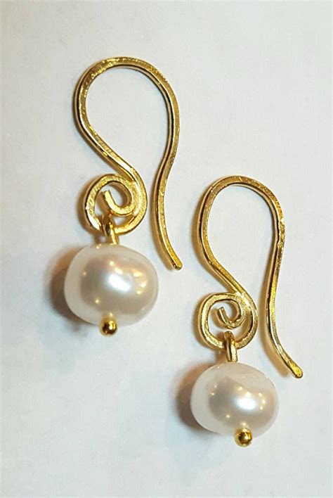 24k Solid Gold Tiny Spiral And Pearl Drop Earrings Pure Gold Ear Wires