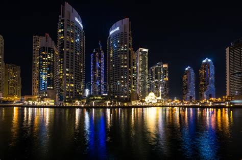 Night View On Dubai Marina Skyscrapers Editorial Stock Image Image Of