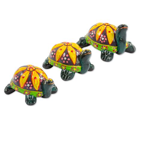 3 Handmade Ceramic Turtle Figurines With Floral Shells Yellow