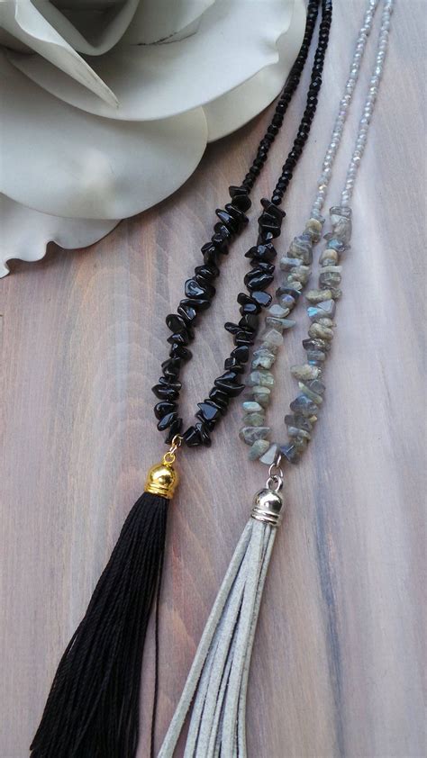 Long beaded grey tassel necklace. Long tassel necklace with | Etsy | Long beaded necklace, Long 