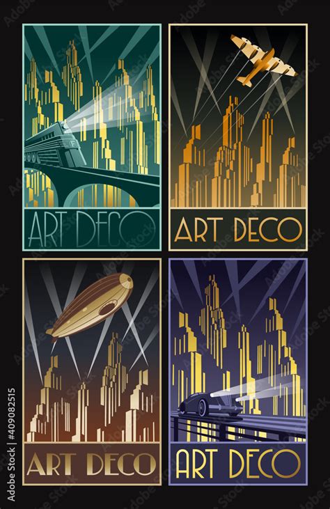 Art Deco Poster Set Retro Future Illustratoins Cityscapes Train