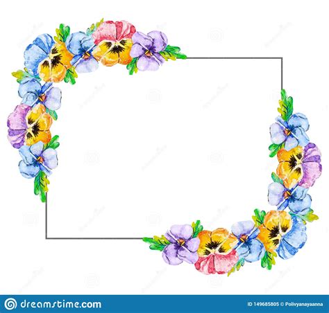 Watercolor Horizontal Floral Frame Border Of Flower Pansy And Viola In