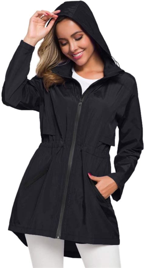 Avoogue Womens Long Raincoat With Hood Outdoor Lightweight Windbreaker