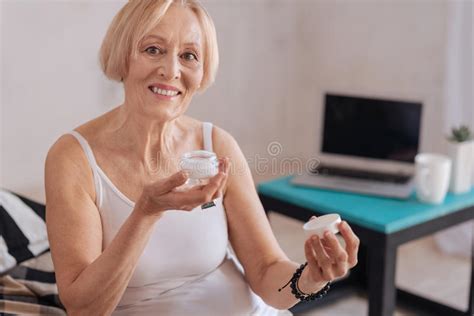 Experienced Woman Showing Her New Cream Stock Image Image Of