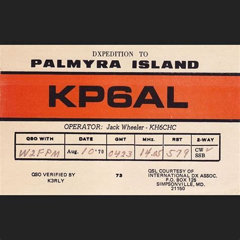 Item 13 Qsl From The 1979 Dxpedition Palmyraatoll Palmyra