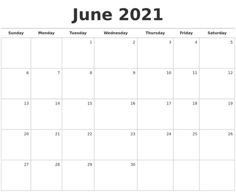 Printable june 2021 calendar to print out monthly calendar 2021. June 2021 Blank Monthly Calendar