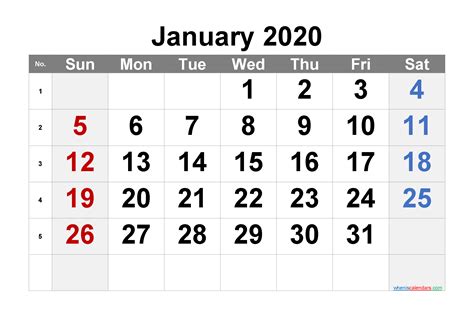 Free January 2020 Calendar 6 Templates