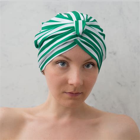 Shower Turban For Women Green And White Striped Lycra Print Turban