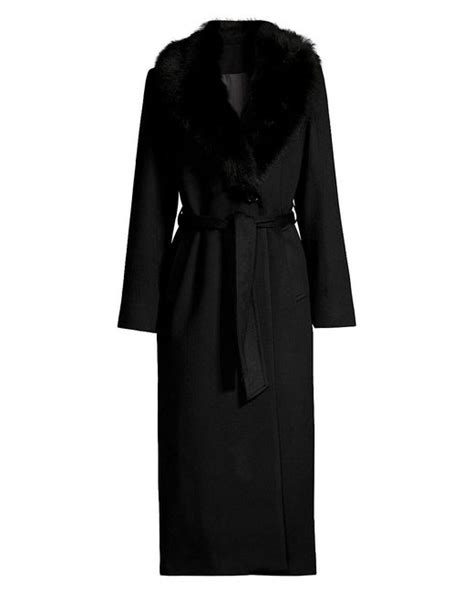 Sofia Cashmere Wool Shearling Long Belted Wrap Coat In Black Lyst