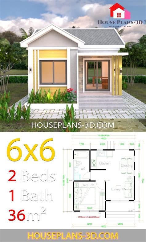 Reproductions of the illustrations or working drawings by any means is. House Design Plans 6x6 with One Bedrooms Gable Roof in ...