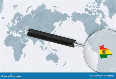 Asia Centered World Map With Magnified Glass On Bolivia Focus On Map
