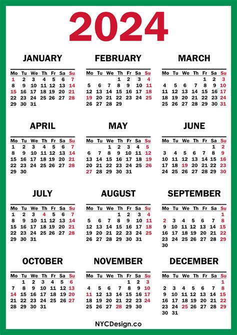 2024 Calendar With Us Holidays Printable Free Green Red Monday