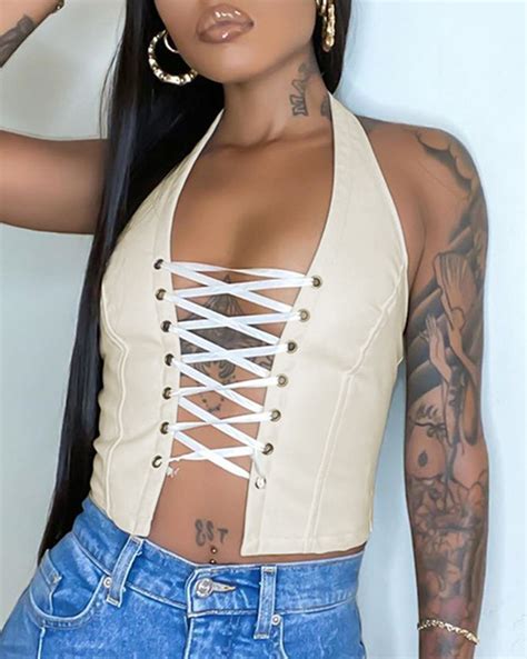emmiol free shipping 2023 halter eyelets lace up leather tank top white l in tank tops and camis