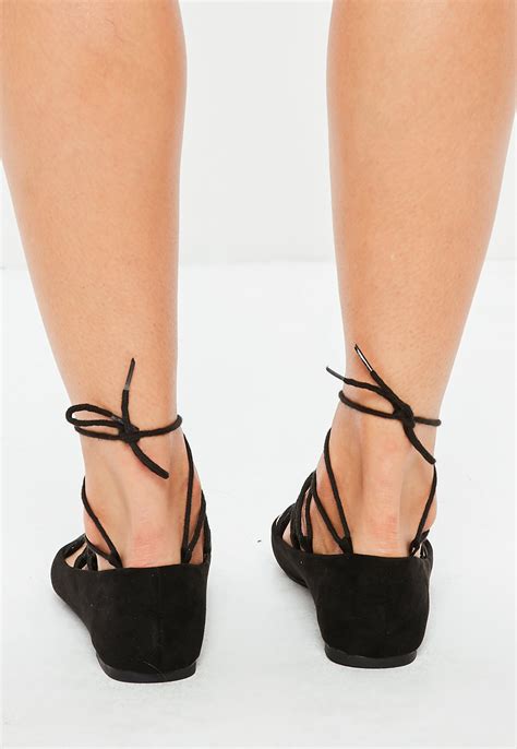 Missguided Black Faux Suede Pointed Lace Up Ballerina Flats Lyst