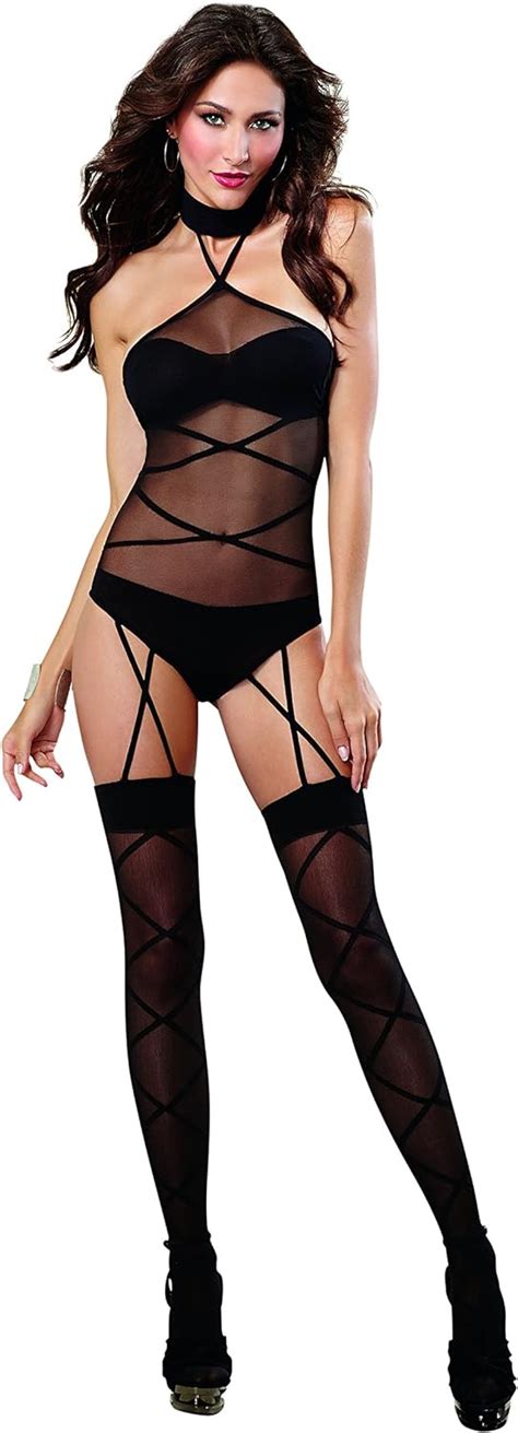 dreamgirl women s sheer teddy bodystocking with opaque knitted bra with panty