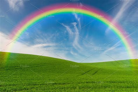 Green Field And Rainbow High Quality Nature Stock Photos ~ Creative