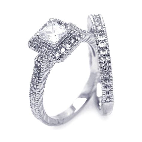 Sterling Silver Rhodium Plated Pave Clear Square Cluster Cz Engagement Ring Set Acr00025 1 Cz