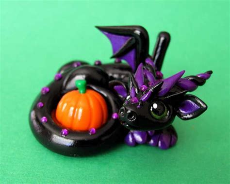 Black Dragon With Pumpkin By Dragonsandbeasties Polymer Clay