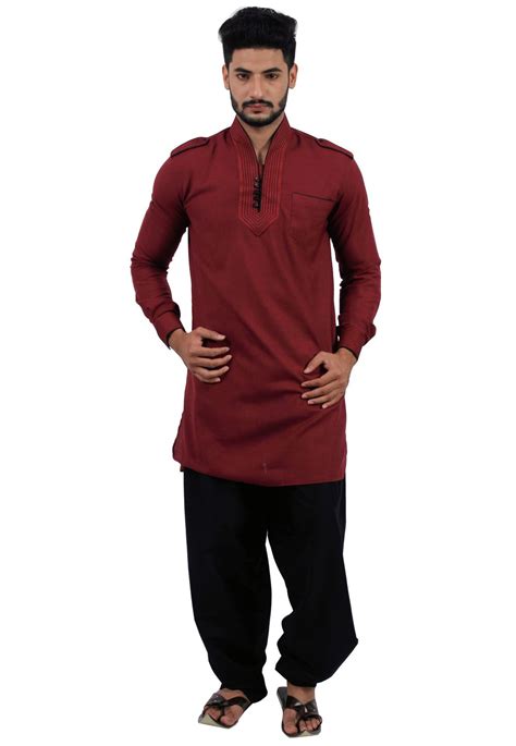 Maroon Cotton Readymade Pathani Suit 166343 Mens Suits Kurta Men