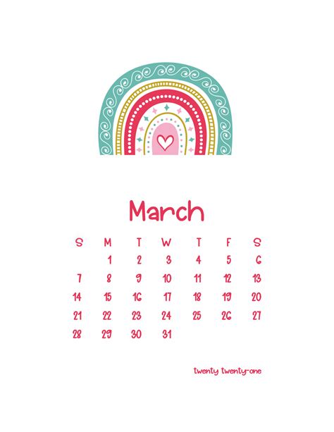 Rainbow Monthly Calendars For 2021 Finalmarch Calendar Free