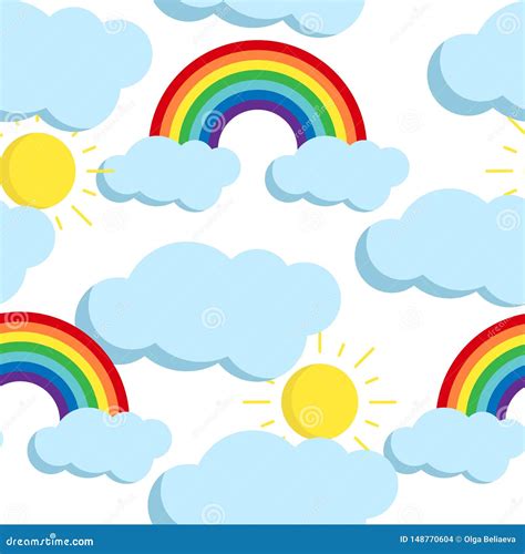 Cute Vector Seamless Pattern With Rainbows And Clouds Icons Stock
