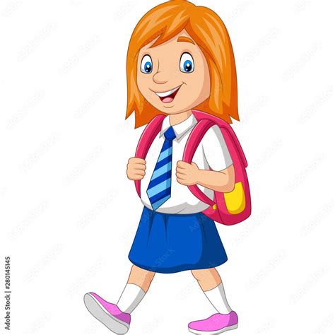 Cartoon Happy School Girl In Uniform Carrying Backpack Stock Vector