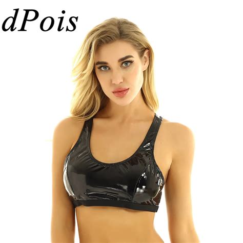 Womens Adults Cropped Vest Tops Female Wetlook Patent Leather U Neck Racer Back Sexy Lingerie