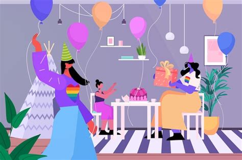 Premium Vector Lesbian Female Parents Celebrating Birthday Party With