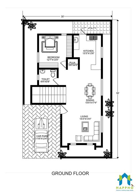 Floor Plan For 30 X 50 Feet Plot 3 Bhk 1500 Square Feet167 Sq Yards