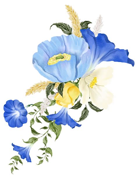 Free Spring Floral Bouquet Watercolor Blue And Yellow Flower Blooming