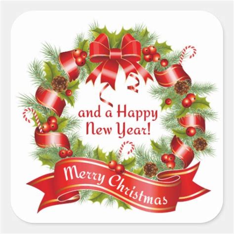 Wreath Merry Christmas And A Happy New Year Square Sticker Zazzle
