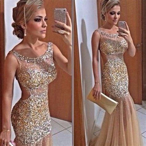 Backless Champagne Mermaid Prom Dresses 2017 Newly Gold Beading Sparkly Evening Party Dress Long