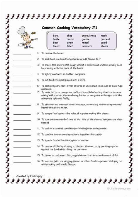 Basic Cooking Terms Worksheet Answers Awesome Mon Cooking Vocabulary 1